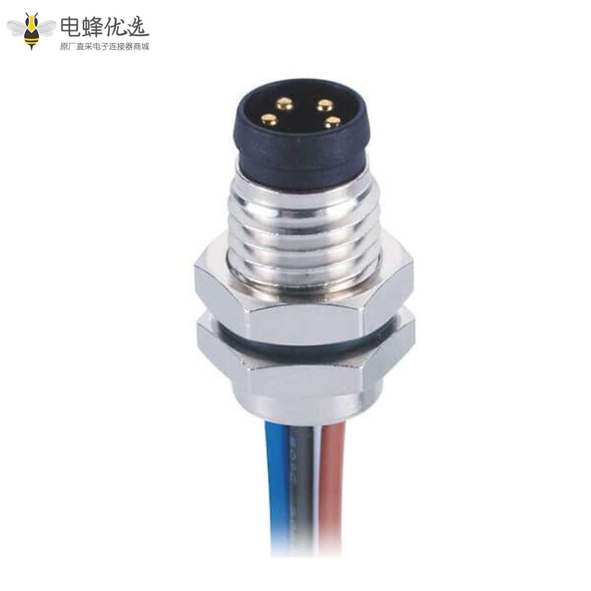 防水M8插座焊线式A型板端前锁4芯公插座工业连接器接1米24AWG线
