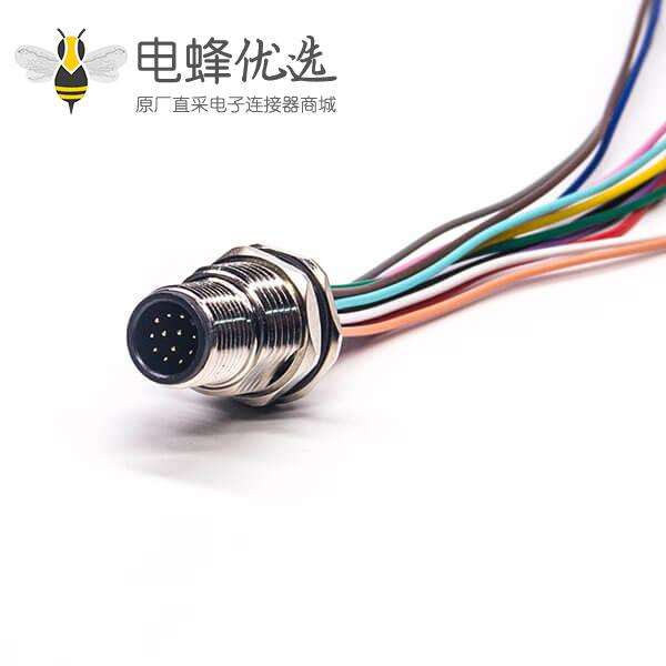 M12 12芯焊线插座公头前锁板M15*1 电线 AWG26 30CM
