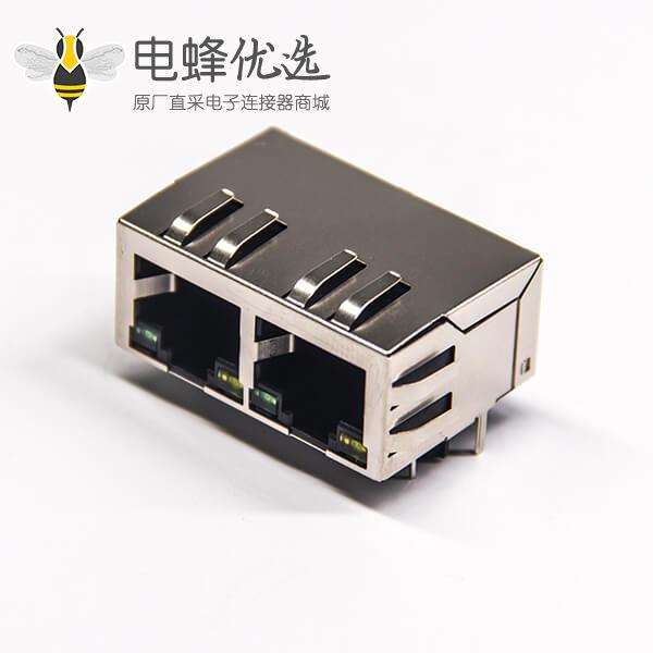 RJ45弹片 带灯双端口1&times;2弯式8p8c全包屏蔽式网络连接器