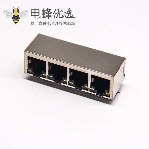 带滤波器的RJ45网络模块化连接器1&times;4多端口90&ordm;带灯