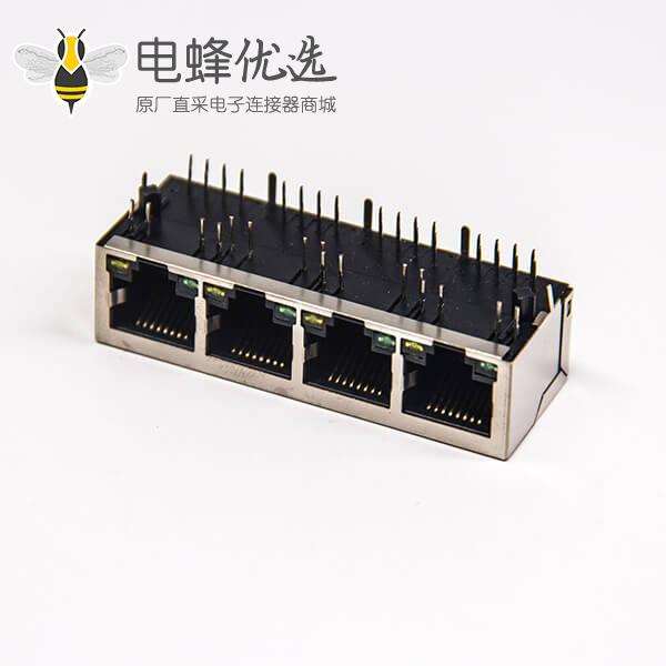 带滤波器的RJ45网络模块化连接器1&times;4多端口90&ordm;带灯