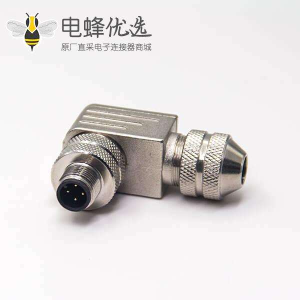 m12组装式连接器弯式4芯航空插头金属外壳带屏蔽