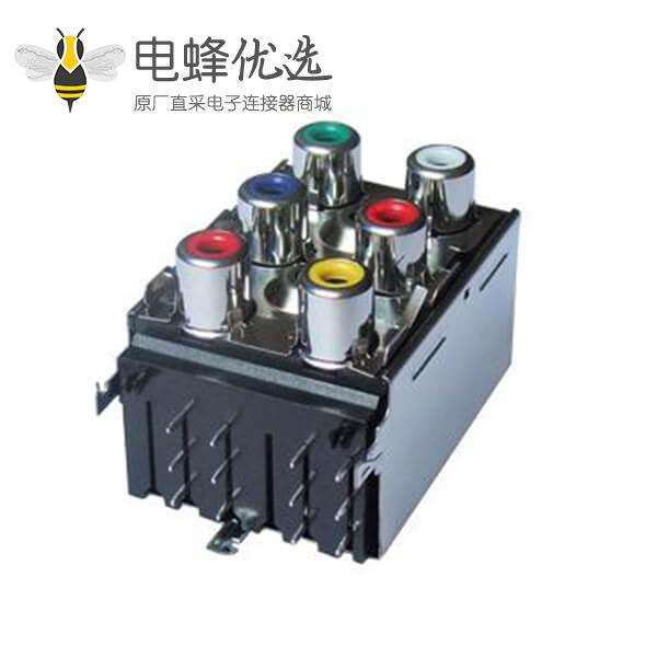 6孔位RCA音频接口AV连接器90度焊板