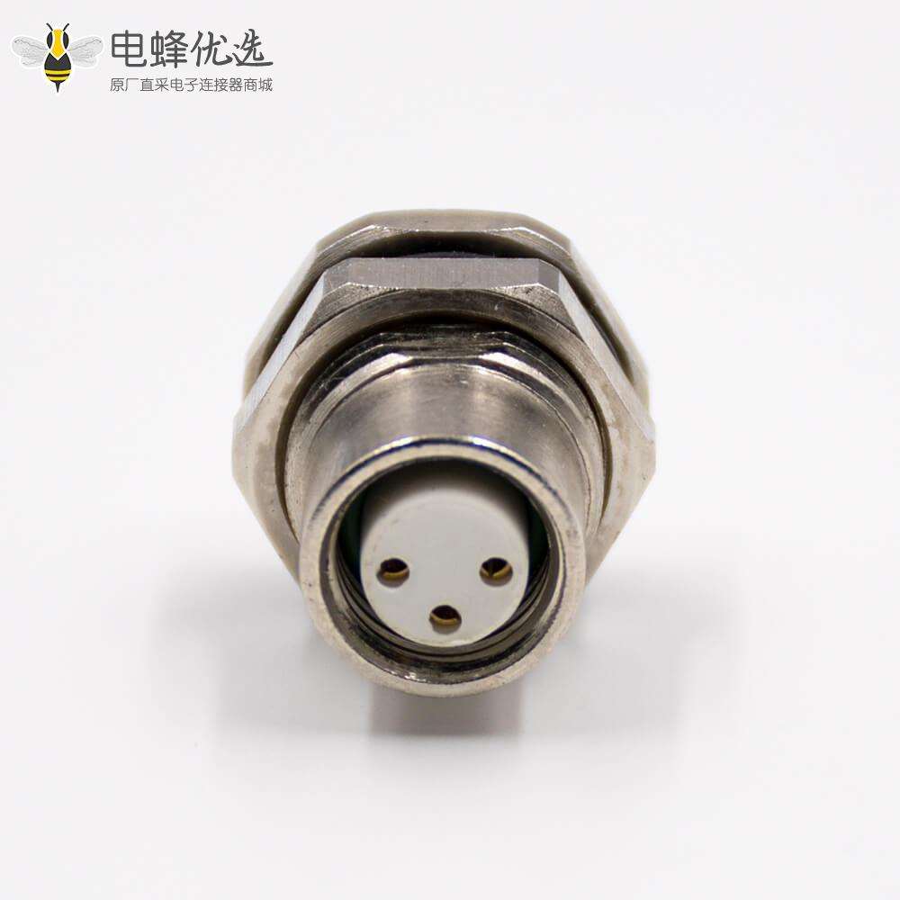 M12防水插座3芯母头直式前锁板板端插座接线焊接式连接器