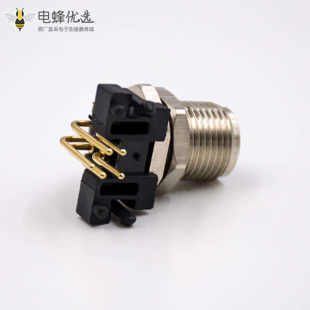 M12航空连接器90度板端插座A扣弯式5芯公头PCB板安装