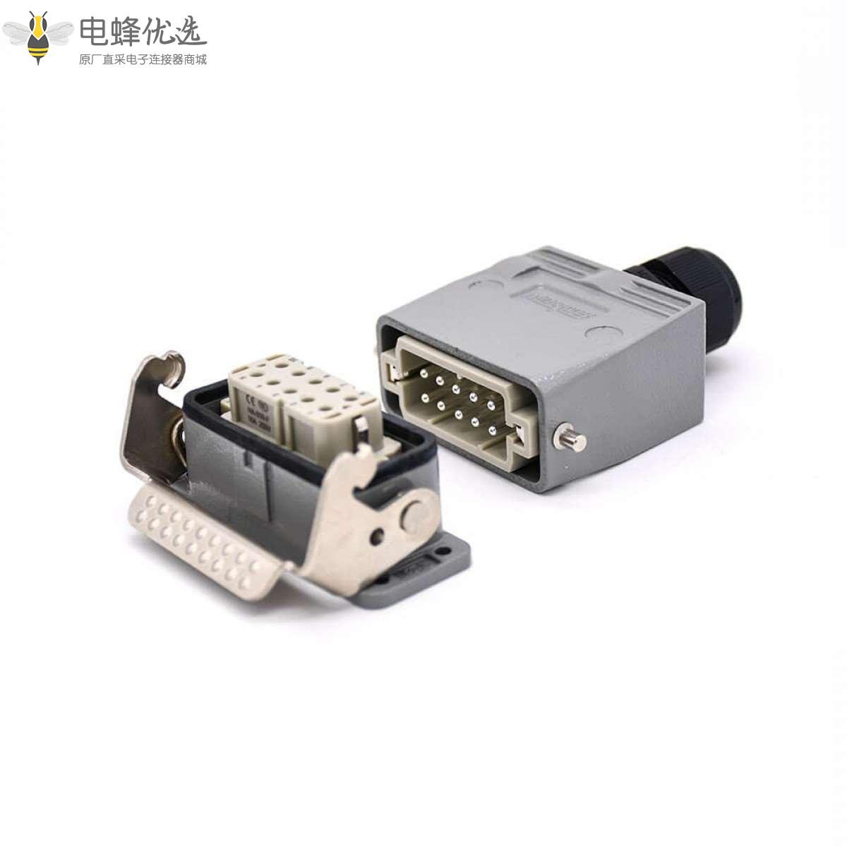 防水重载连接器H10A镀银10芯顶出口公母对接开孔安装螺纹M25铝合金外壳