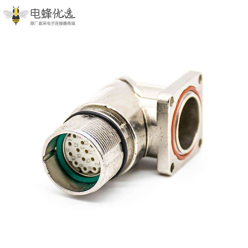 M23连接器插座17芯弯插座母头面板安装四孔法兰带屏蔽