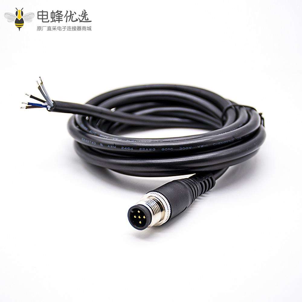 M12塑料防水头5芯公头A型不带屏蔽单边注塑成型线2米