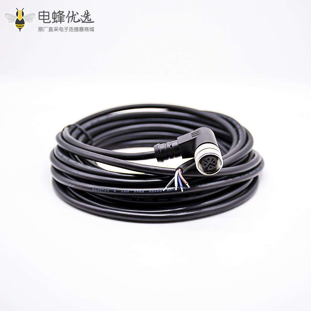 M12连接器4芯A编码母头90&deg;弯头注塑成型式带线5M不带屏蔽