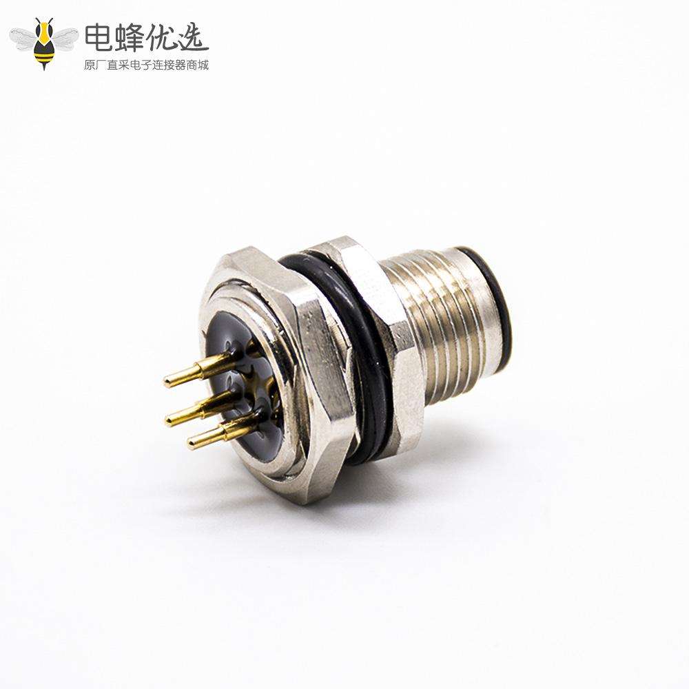 M12连接器PCB板安装A扣180&deg;焊接式后锁板防水3芯公插座