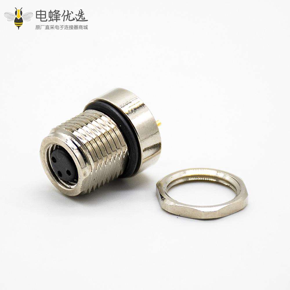 传感器M8连接器180&deg;母头3芯接PCB板前锁板防水焊接式板端插座