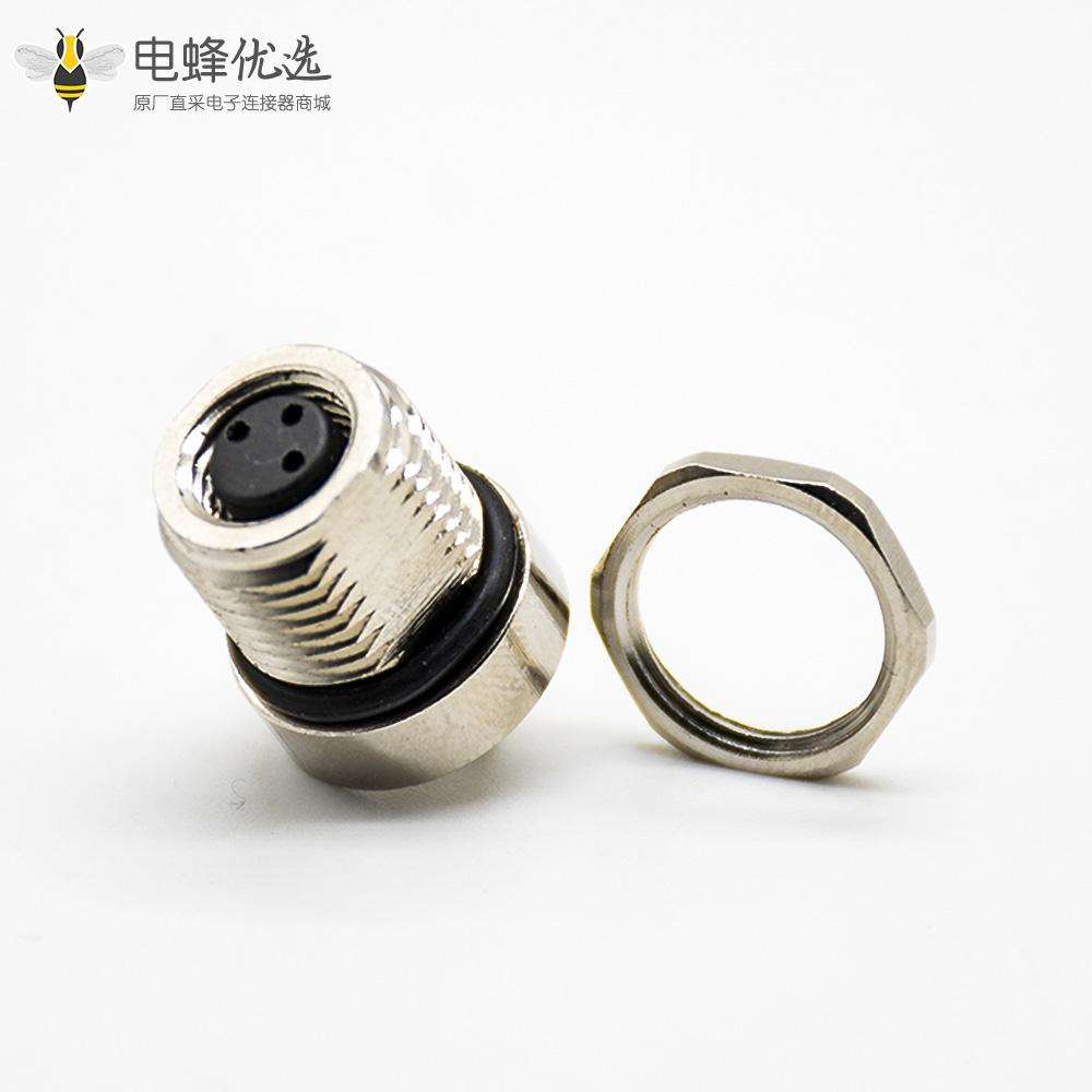 传感器M8连接器180&deg;母头3芯接PCB板前锁板防水焊接式板端插座