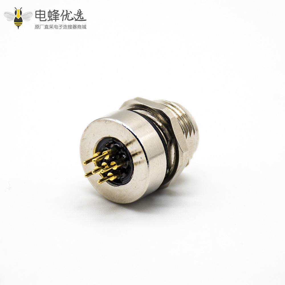 M8防水插座连接器A编码180&deg;6芯母头前锁板接PCB板