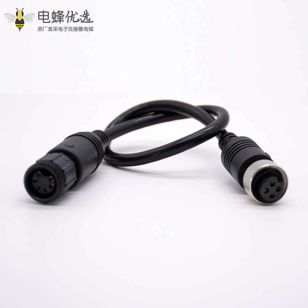 MINI DIN型连接器快插头直式6芯塑料螺纹母头转GX12 4芯母头注塑线24AWG PVC 300mm
