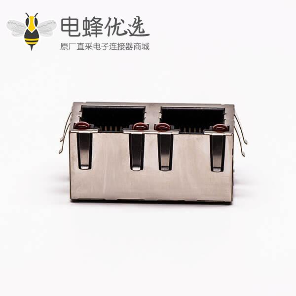 双网口带led灯rj45母座弯式铜壳带屏蔽接PCB