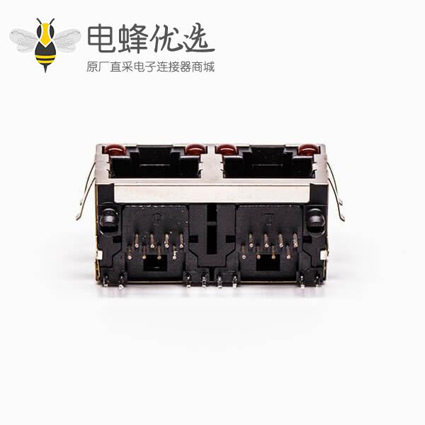 双网口带led灯rj45母座弯式铜壳带屏蔽接PCB
