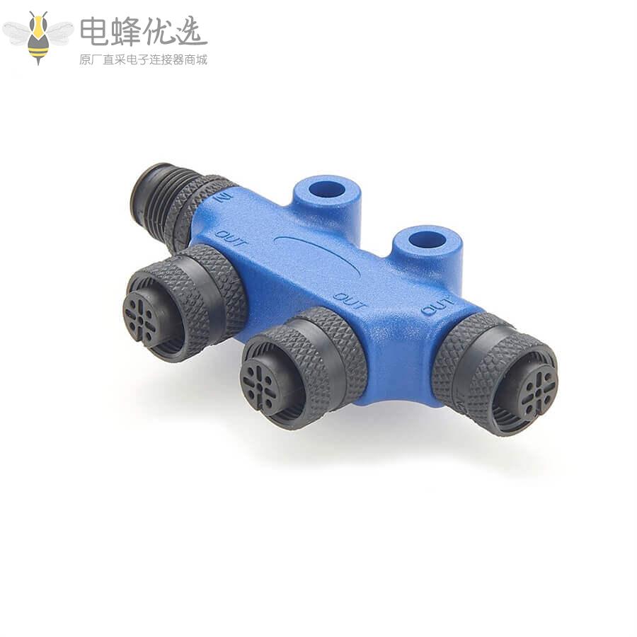 船用级产品NMEA_2000二通多端口T形连接器3个M12母头5芯转5芯公头