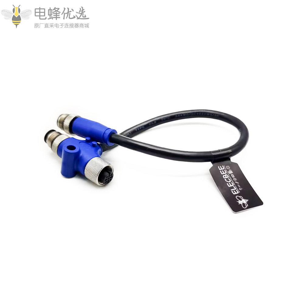 M12防水连接器NMEA_2000_5芯公头转母头直式转5芯公头船用电源线M12_T型分线接0.5米电缆