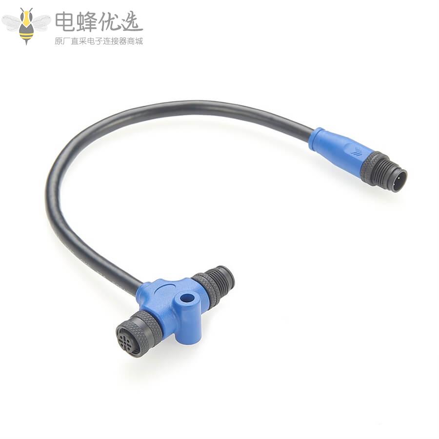 M12防水连接器NMEA_2000_5芯公头转母头直式M12T型分线接0.5米连接线