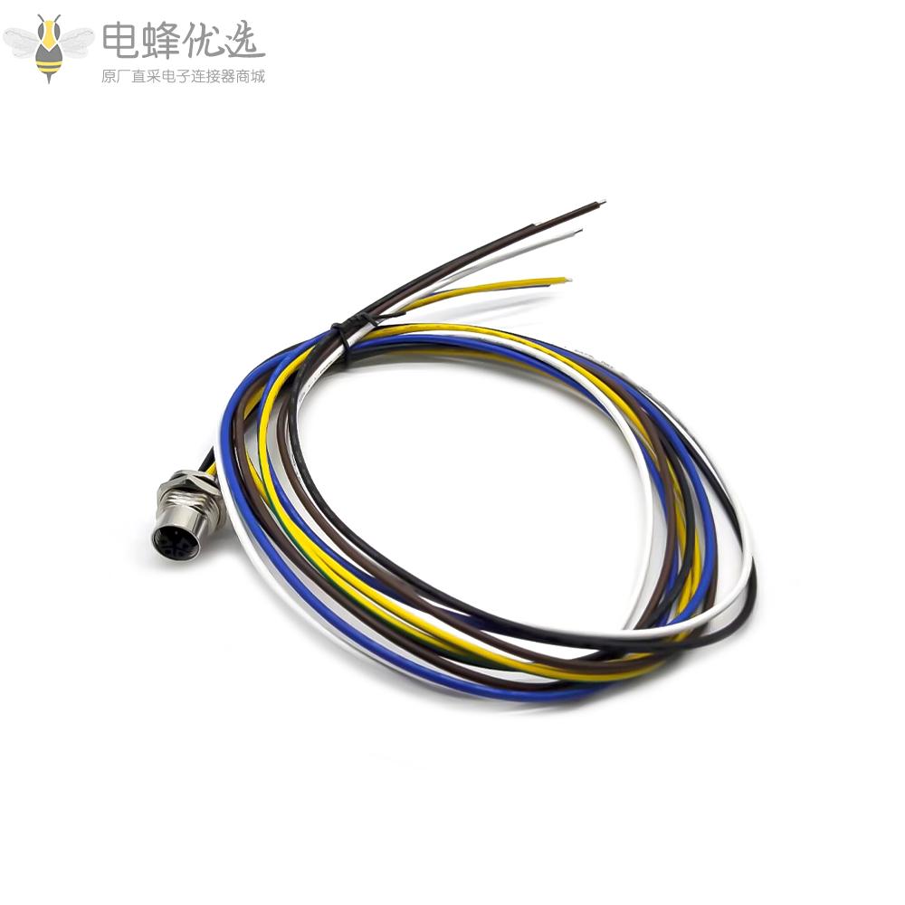 M12_L编码coding连接器4+PE母头大电流防水板端插座M16X1.5前锁带1米线