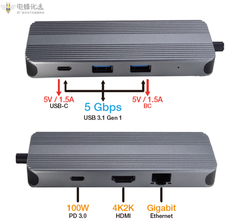 铝制USB集线器USB_C型集线器3.0多功能适配器8合1适用于Macbook_Pro_Air_Ipad_Matebook_OEM状态充电卡ABS