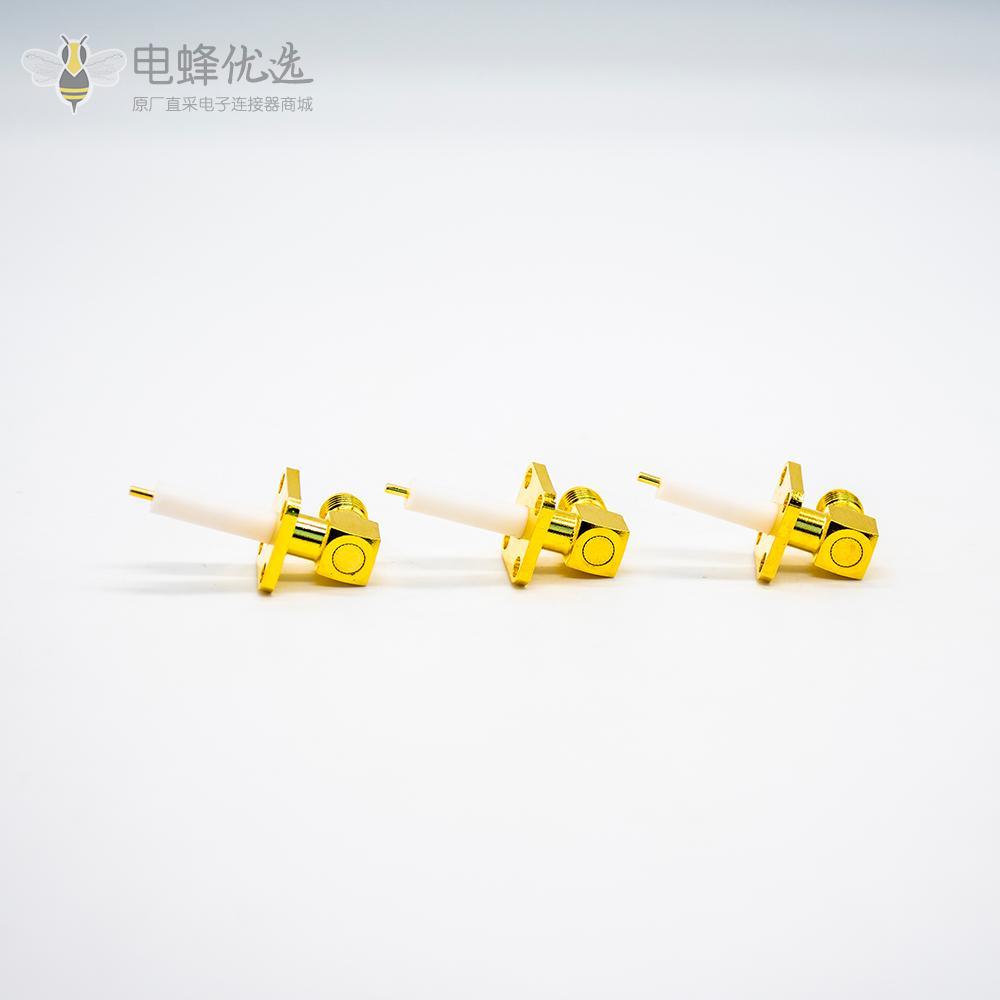 有线电视连线接头弯式SMA母头插座镀金带延长铁氟龙4孔法兰安装