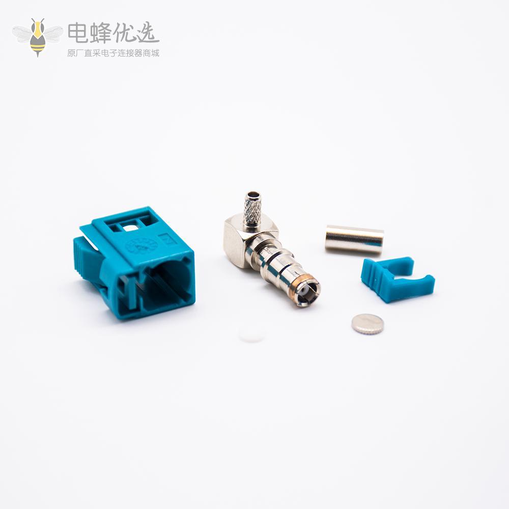 Fakra连接器母头 Fakra Z直角水蓝色压接连接器，用于RG174 RG316电缆