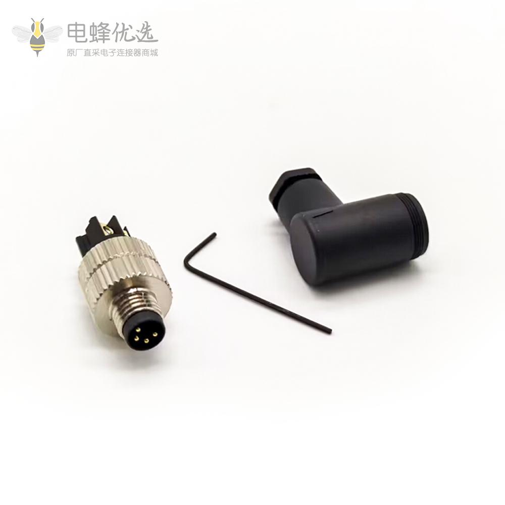 M8插头IP67防水90度弯角组装式接线4芯A型公插头工业航空连接器