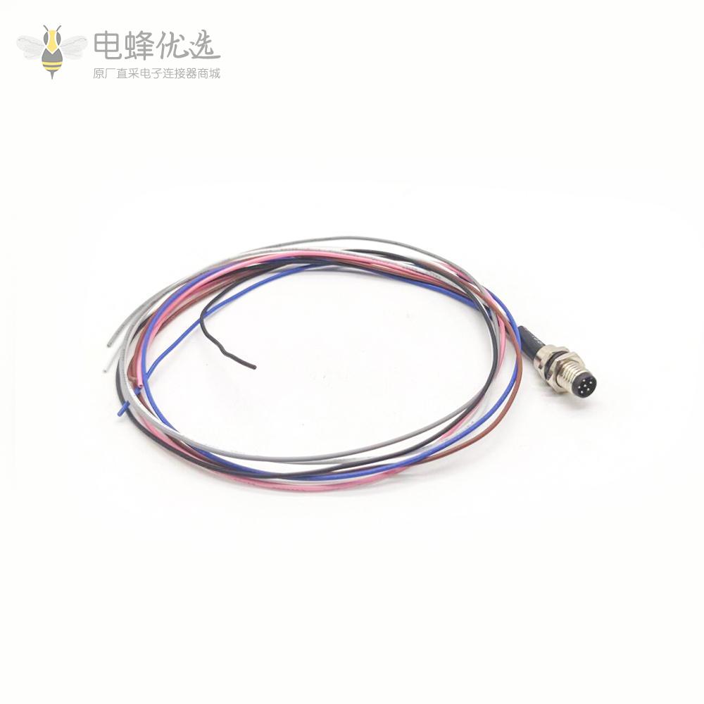 圆形连接器M8 A型板端前锁焊线式6芯公插座连接器接1米26AWG线