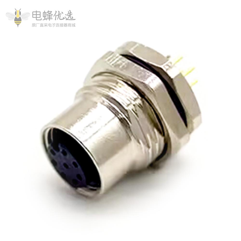 M12圆形防水连接器8芯母头插座PCB通孔插板式接触针前锁