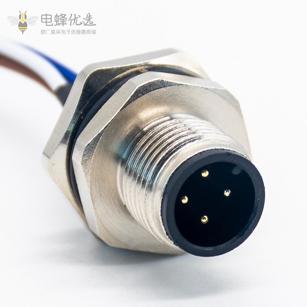 M12 4芯插座公头后锁板焊线 AWG24 to 4Pin Terminal 50CM Length